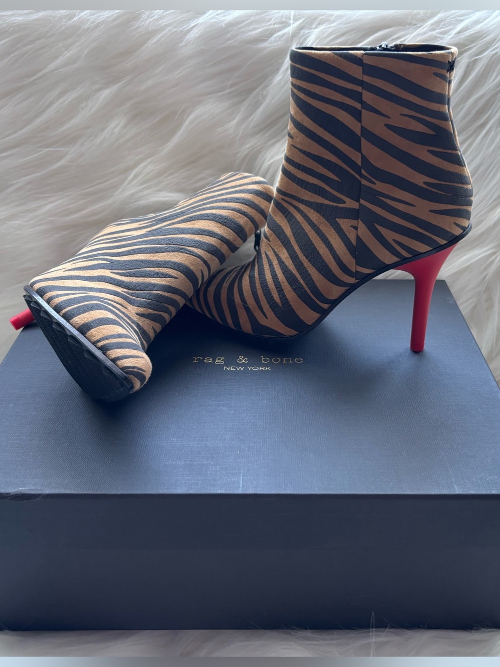 RAG & BONE WAYLON  Zebra-Print Ankle Boots with Red Stiletto Heel. WOW FACTOR.